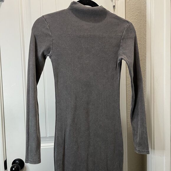 Zara Gray Ribbed Long Sleeve High Neck Bodycon Midi Dress Womens Size S - Picture 2 of 9